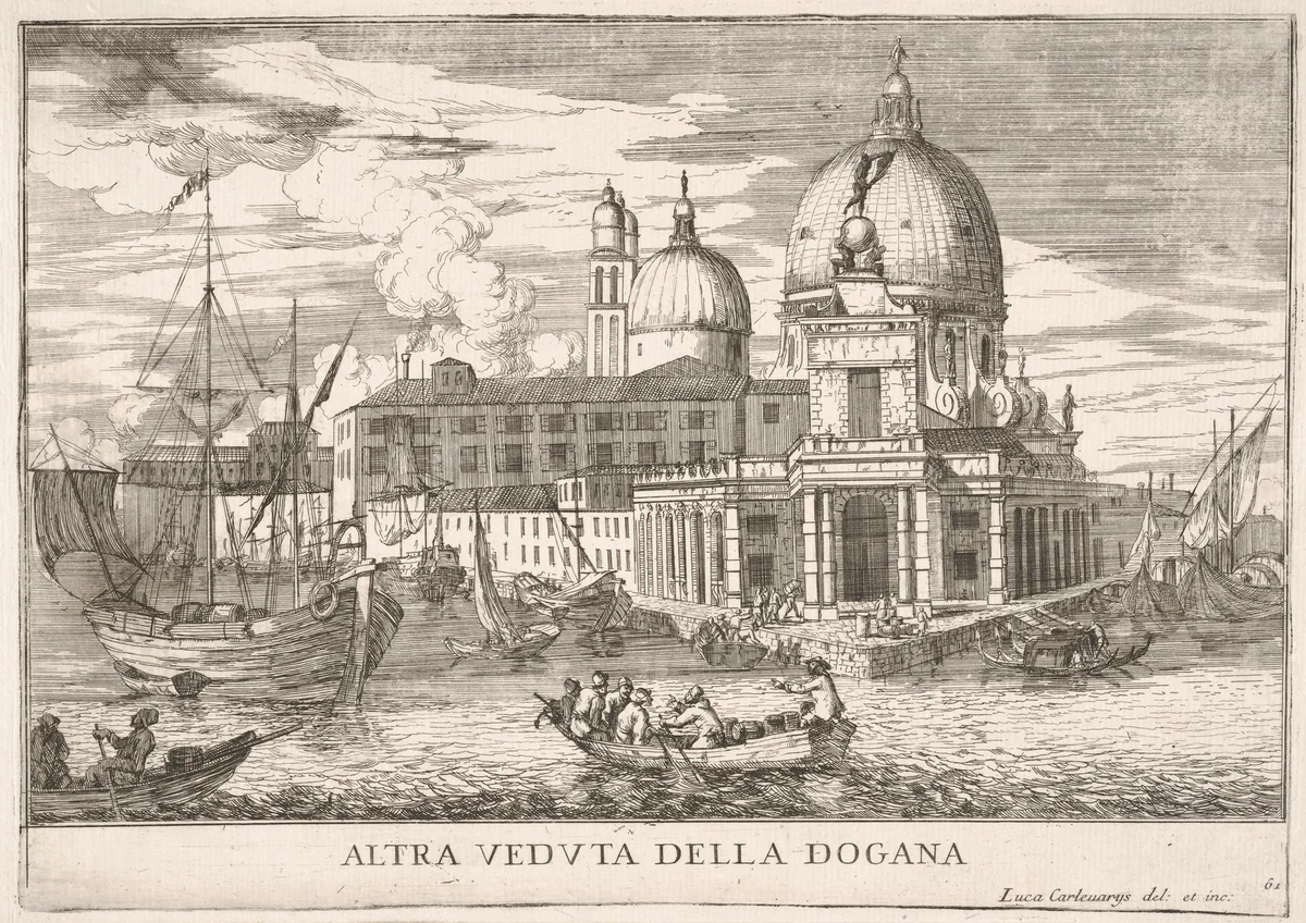 Plate 61: View of the customs house (Dogana da Mar) at the confluence of the Grand Canal and Giudecca Canal, Venice, 1703, from "The buildings and views of Venice" (Le fabriche e vedute di Venezia) by Luca Carlevaris, print, 1703