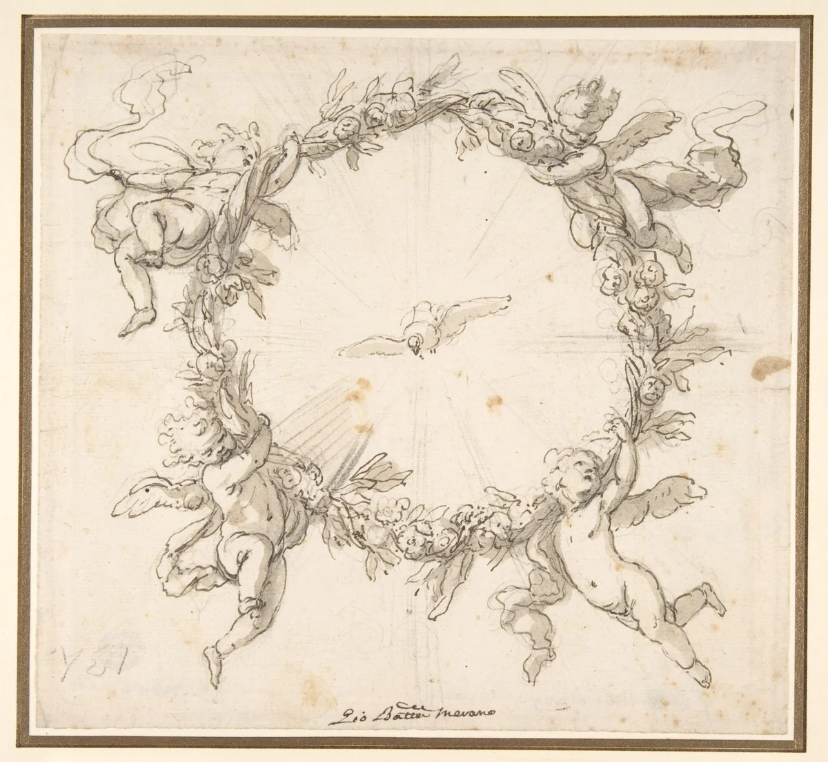 The Holy Spirit Surrounded by a Wreath of Flowers Held up by Infant Angels by Giovanni Battista Merano, drawing, 1632-1698