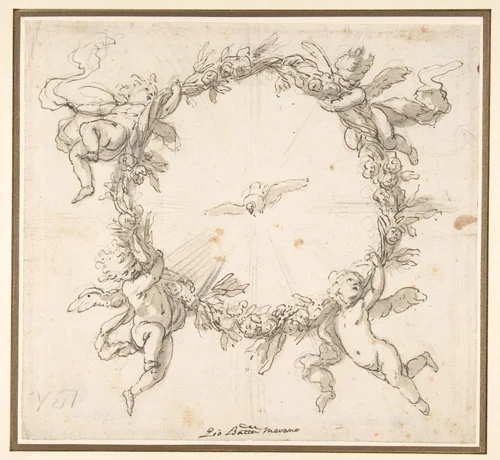 The Holy Spirit Surrounded by a Wreath of Flowers Held up by Infant Angels by Giovanni Battista Merano, drawing, 1632-1698