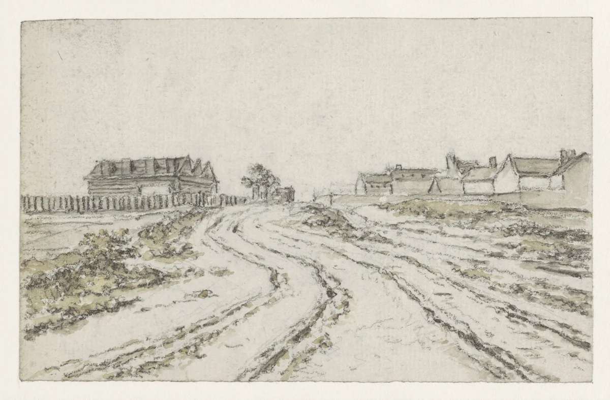 Weg met diepe karresporen, in het verschiet links en rechts huizen by Georges Michel, drawing, 1773-1843