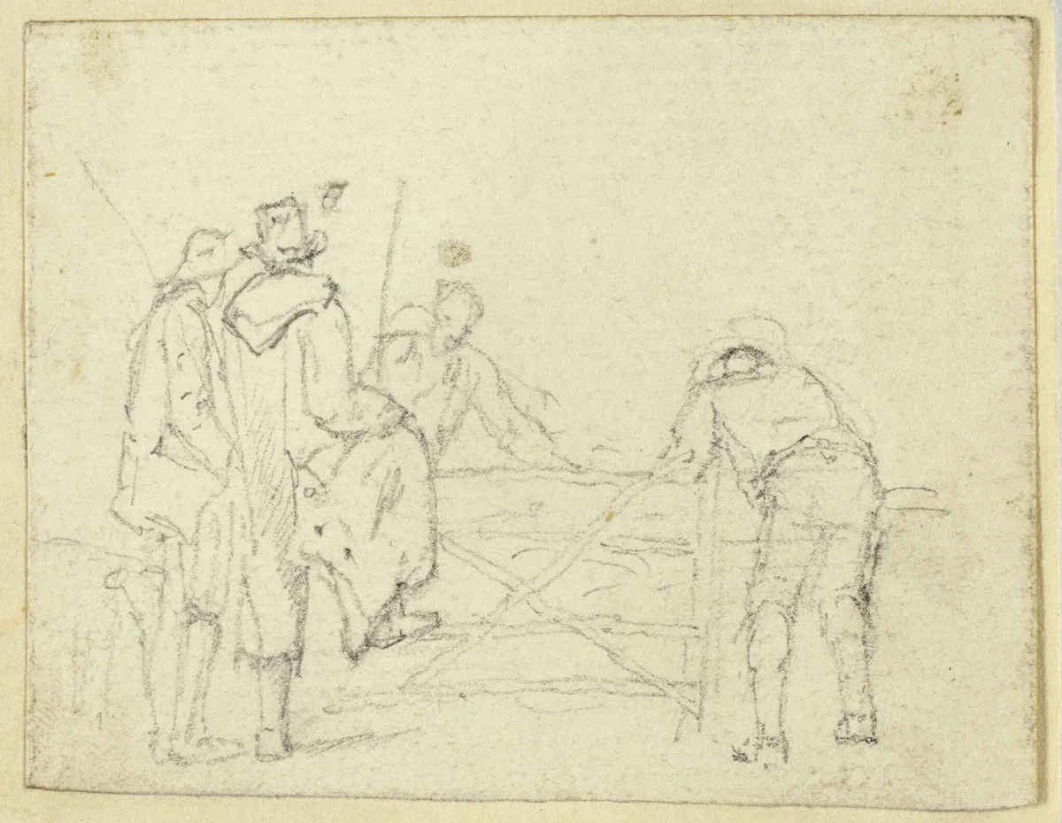 Five Figures at Gate by William Henry Pyne, drawing, 1789-1843