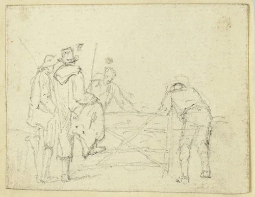 Five Figures at Gate by William Henry Pyne, drawing, 1789-1843