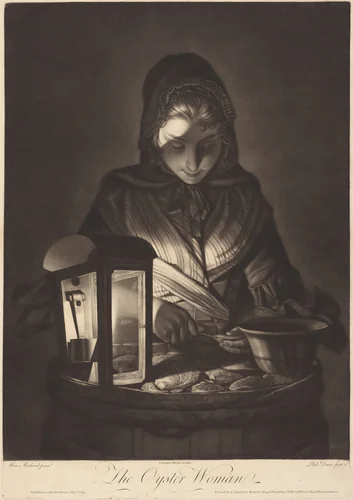 The Oyster Woman by Philip Dawe; Henry Robert Morland, print, 1769