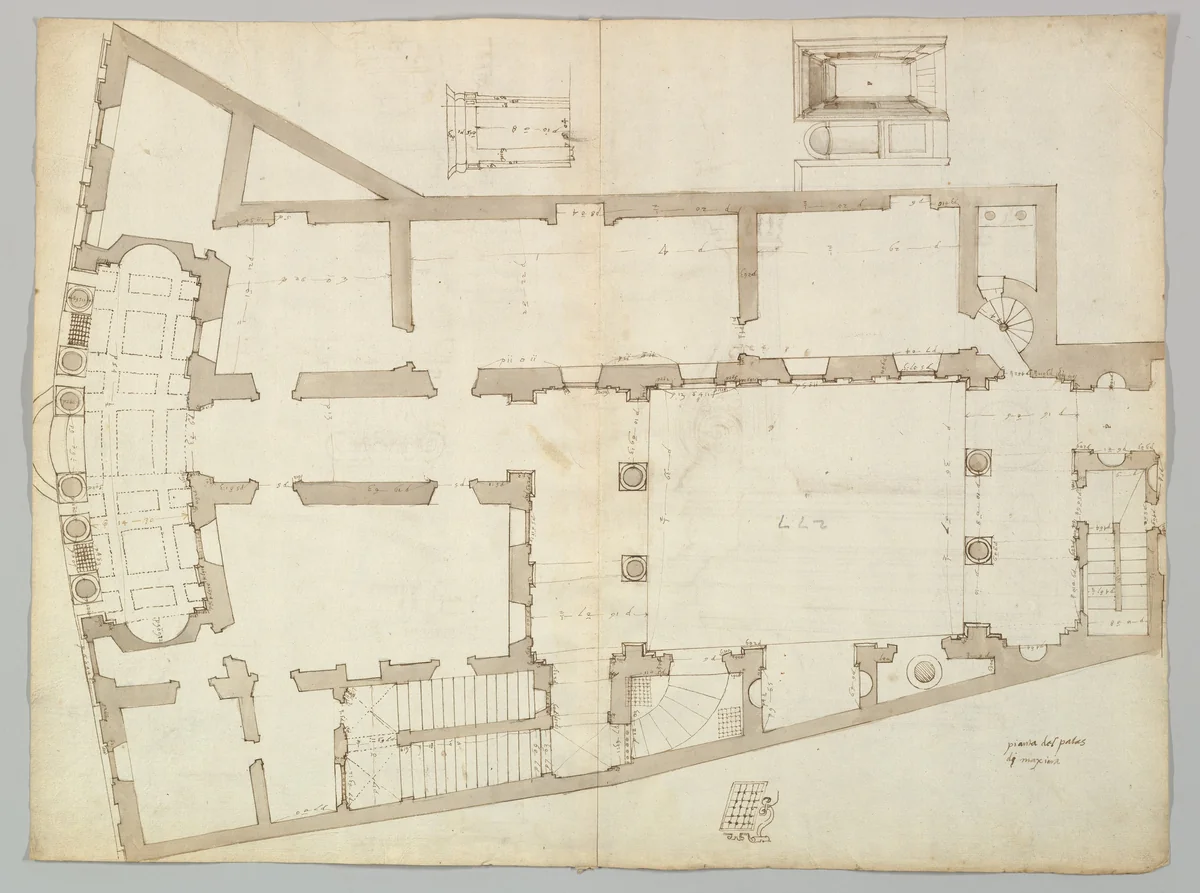 Palazzo Massimo alle Colonne, plan (recto); Palazzo Massimo alle Colonne, façade, details and fireplace (verso) by anonymous, drawing, 1500-1560