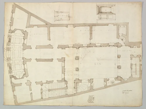Palazzo Massimo alle Colonne, plan (recto); Palazzo Massimo alle Colonne, façade, details and fireplace (verso) by anonymous, drawing, 1500-1560