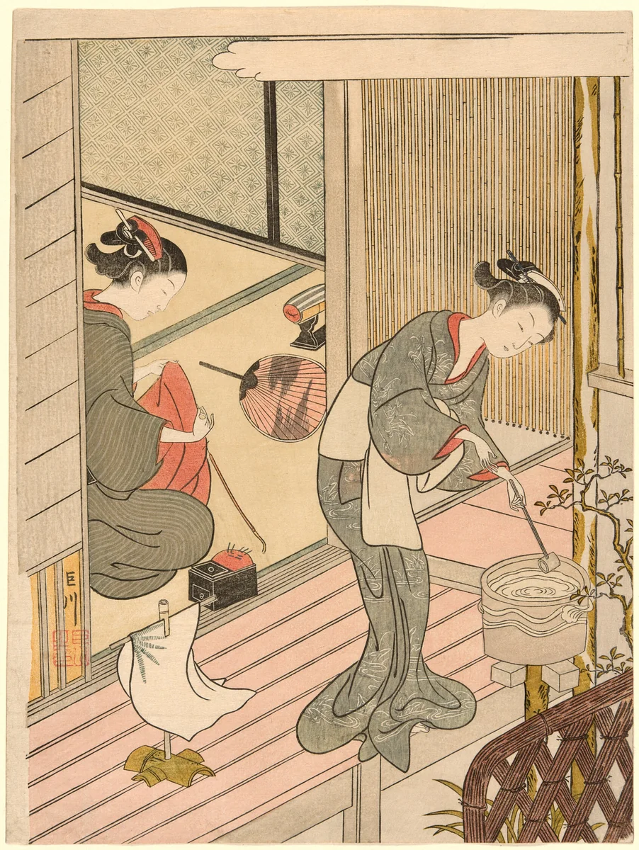 Returning Sails of the Towel Rack (Tenugui-kake no kihan), from the series "Eight Views of the Parlor (Zashiki hakkei)" by Suzuki Harunobu (鈴木春信), print, 1761-1771