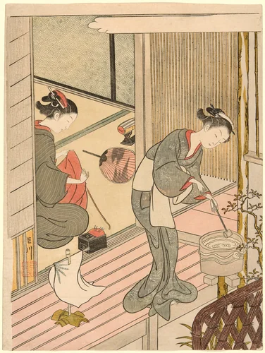 Returning Sails of the Towel Rack (Tenugui-kake no kihan), from the series "Eight Views of the Parlor (Zashiki hakkei)" by Suzuki Harunobu (鈴木春信), print, 1761-1771