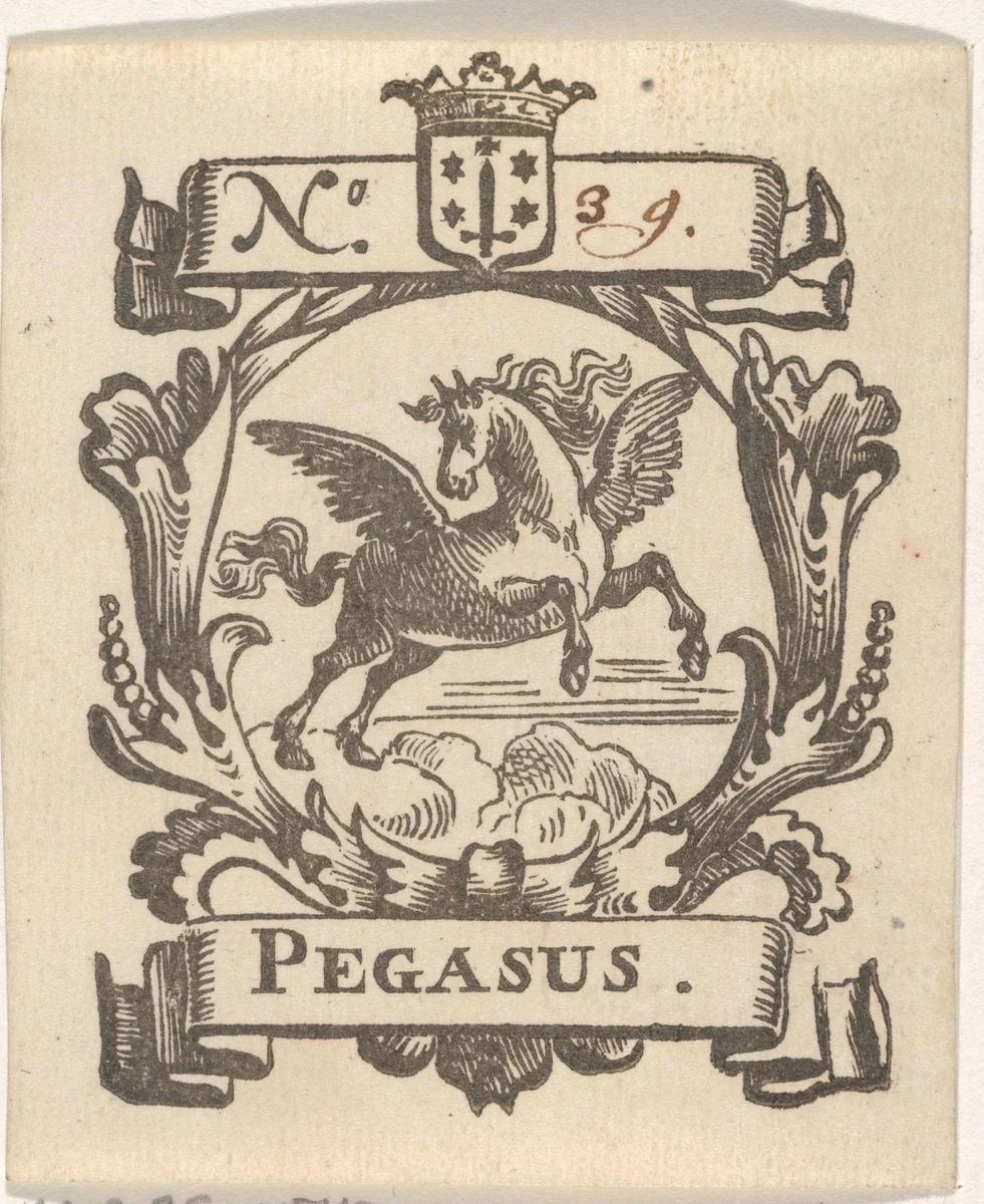 Handelsetiket met Pegasus en het wapen van de stad Haarlem by Isaac Vincentsz. van der Vinne, print, 1681-1740