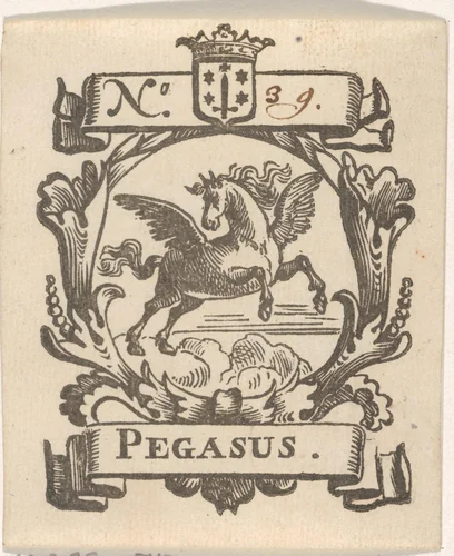 Handelsetiket met Pegasus en het wapen van de stad Haarlem by Isaac Vincentsz. van der Vinne, print, 1681-1740