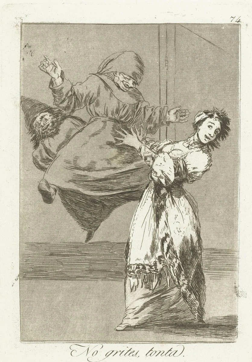 Niet schreeuwen, dommerd by Francisco de Goya, print, 1797-1799