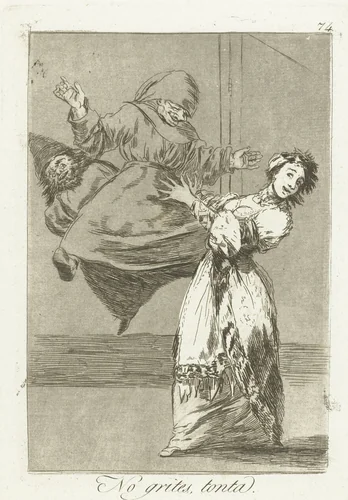Niet schreeuwen, dommerd by Francisco de Goya, print, 1797-1799