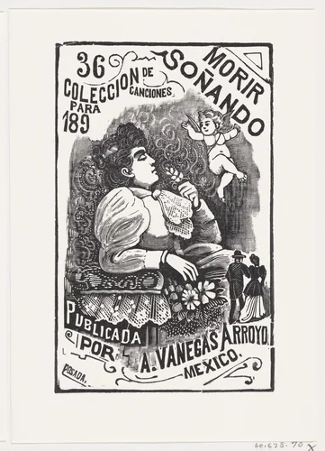 Profile of a woman sitting in a chair with her head back and holding a flower, illustration for 'Morir Soñando,' published by Antonio Vanegas Arroyo by José Guadalupe Posada, print, 1888-1913
