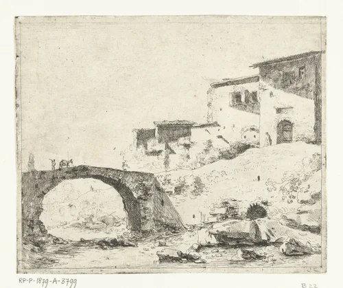 Stenen brug met ezeldrijver bij huizen by Jan Gerritsz. van Bronckhorst, print, 1613-1661