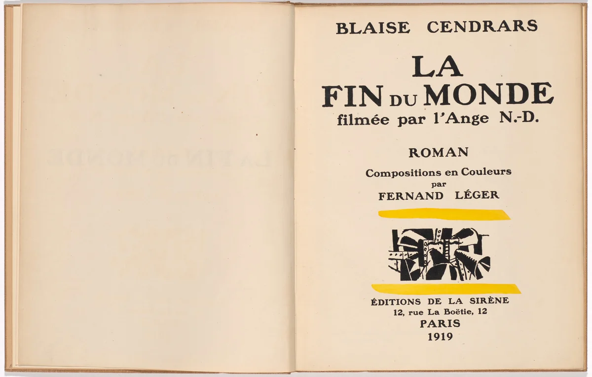 Title from La Fin du monde filmée par l'ange de N.-D. (The End of the World Filmed by the Angel of Notre Dame) by Fernand Léger, illustrated book, 1919