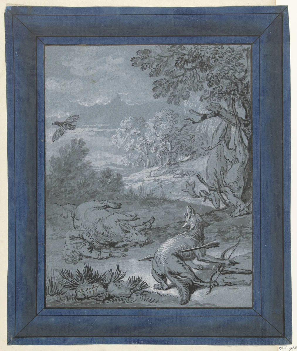 De wolf en de jager / Le Loup et le Chasseur by Jean-Baptiste Oudry, drawing, 1732