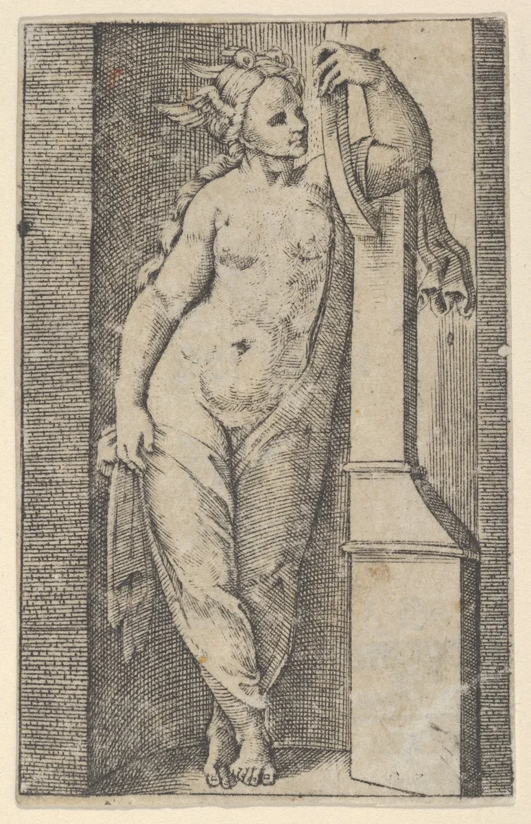 Woman with a winged head standing in a niche by Marcantonio Raimondi, print, 1505-1515