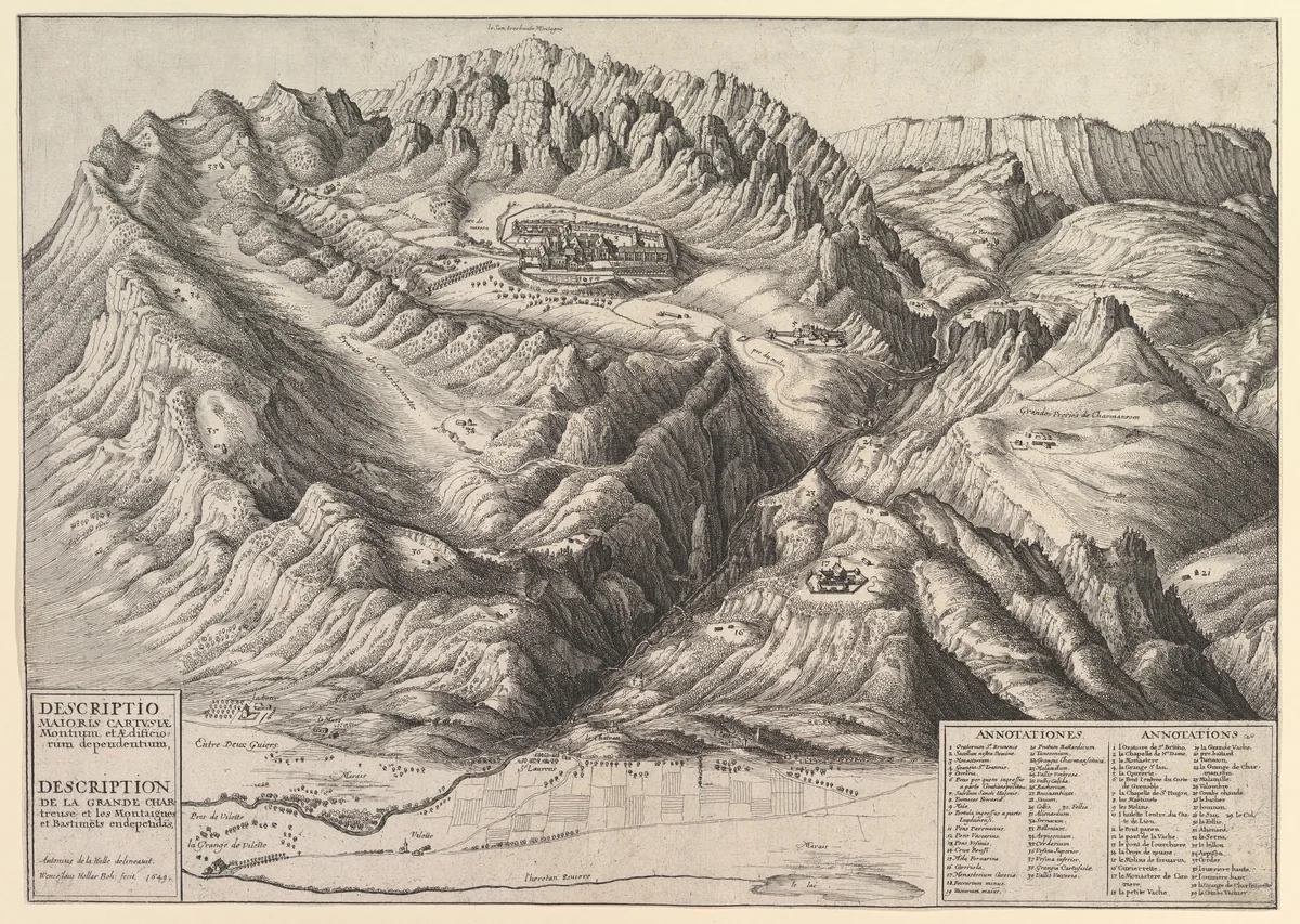 View of La Grande Chartreuse in the French Alps / Descriptio Maioris Cartusiæ Montium, et Ædificiorum dependentium by Wenceslaus Hollar, print, 1649