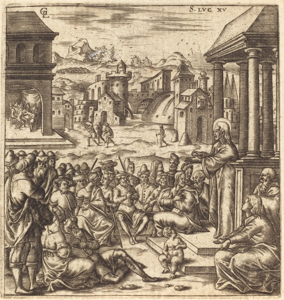 The Parables of the Lost Sheep, the Woman with Pieces of Silver and the Prodigal Son by Léonard Gaultier, print, 1576-1580