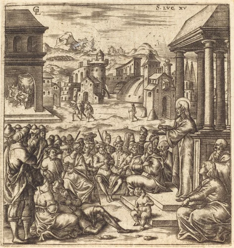 The Parables of the Lost Sheep, the Woman with Pieces of Silver and the Prodigal Son by Léonard Gaultier, print, 1576-1580