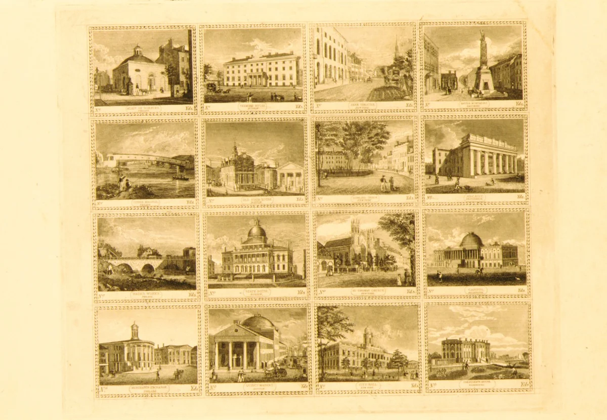 Sheet of Fabric Labels with Sixteen Views of Buildings in Boston, New York, Philadelphia, Baltimore, Providence and Washington by anonymous, print, 1830-1840