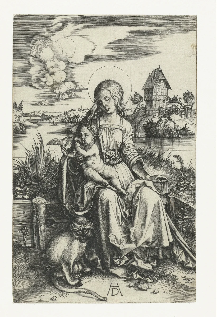 Maria met kind en een aap by Unknown, print, 1496-1500