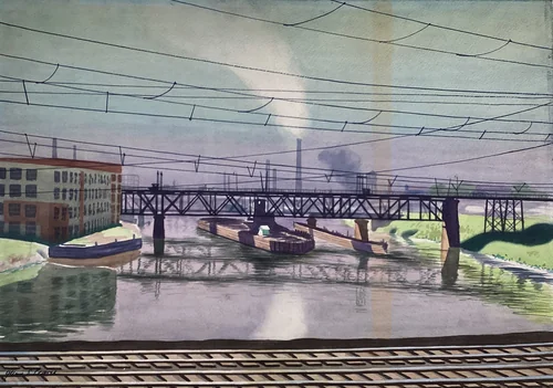 Gray Morning (Greysferry Ave. Bridge) by Glenn Stuart Pearce, drawing, 1934-1944