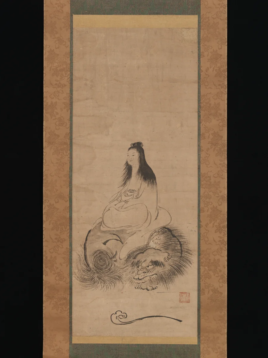 Monju on a Lion by Shūsei, painting, 1467-1499
