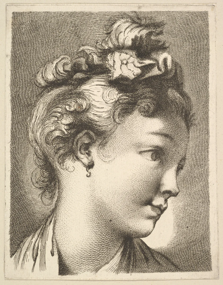 Head of a woman with her head turned to the left, from Livre de Têtes Gravées d'apres F. Boucher et Autres (Book of Heads Engraved after F. Boucher and Others) by anonymous, print, 1740-1780
