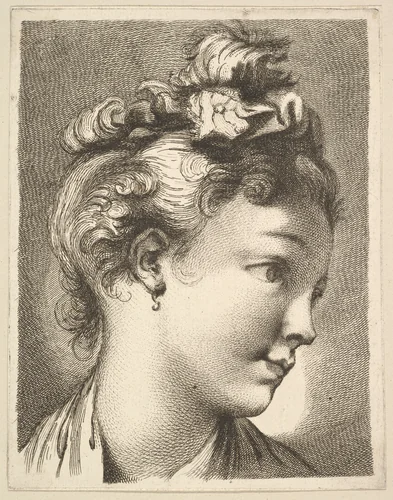 Head of a woman with her head turned to the left, from Livre de Têtes Gravées d'apres F. Boucher et Autres (Book of Heads Engraved after F. Boucher and Others) by anonymous, print, 1740-1780