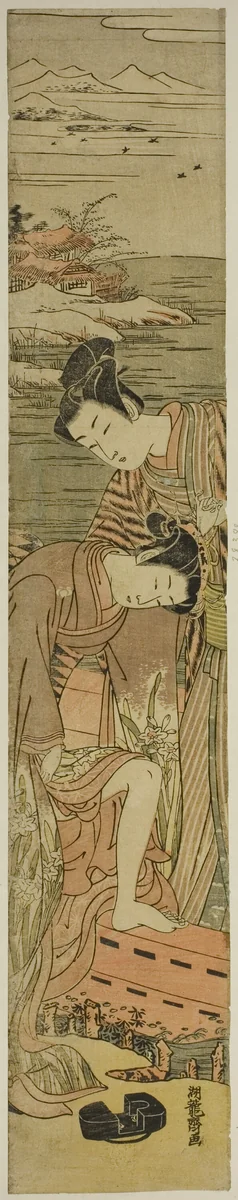 Young Woman Drops her Geta as She Boards a Boat by Isoda Koryusai, print, 1768-1778