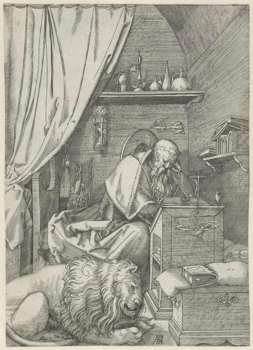 De Heilige Hiëronymus in zijn studeervertrek by anonymous, print, 1511