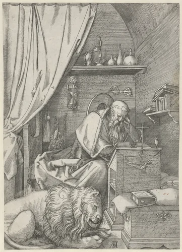 De Heilige Hiëronymus in zijn studeervertrek by anonymous, print, 1511