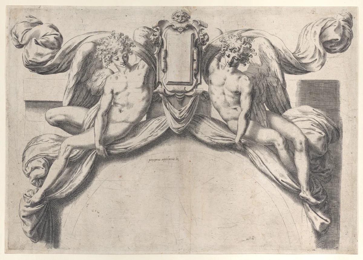 Two angels supporting a cartouche or shield by Orazio de Santis, print, 1568-1577