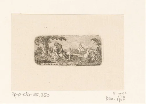 Herderspaar toont affectie onder een boom met rechts drie schapen by Daniel Nikolaus Chodowiecki, print, 1794