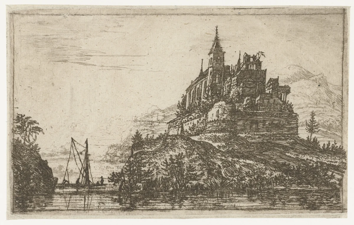 Landschap met een rivier en een kasteel op een heuvel by Jan Ruyscher, print, 1635-1674