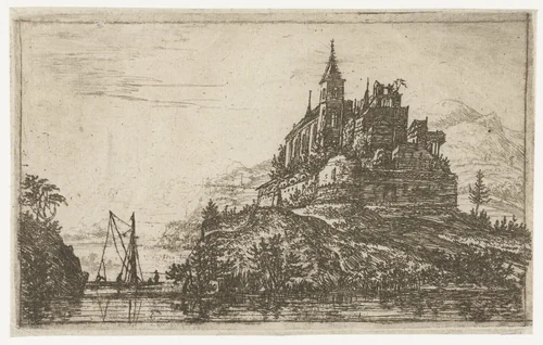 Landschap met een rivier en een kasteel op een heuvel by Jan Ruyscher, print, 1635-1674
