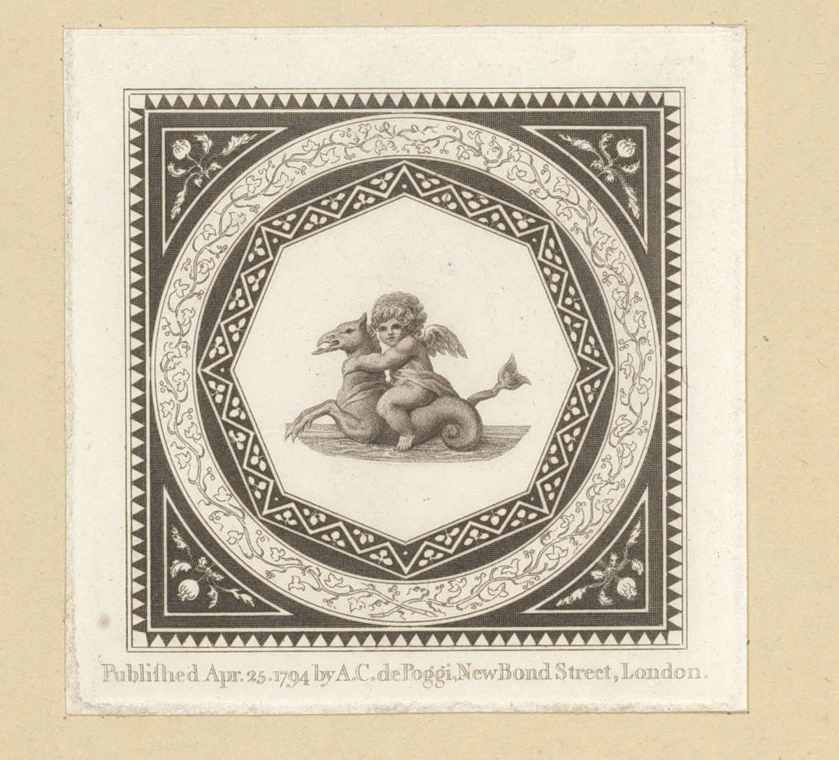 Putto op een hippocampus by anonymous, print, 1794