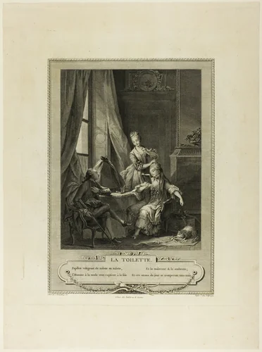 La Toilette, from Monument du Costume Physique et Moral de la fin du Dix-huitième siècle by Nicolas-Joseph Voyez, print, 1774