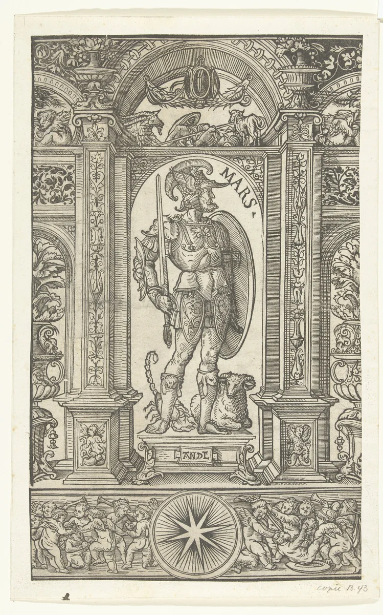 Mars met sterrenbeelden Schorpioen en Ram in architecturale omlijsting by Unknown, print, 1483-1581