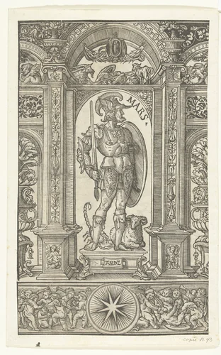 Mars met sterrenbeelden Schorpioen en Ram in architecturale omlijsting by Unknown, print, 1483-1581