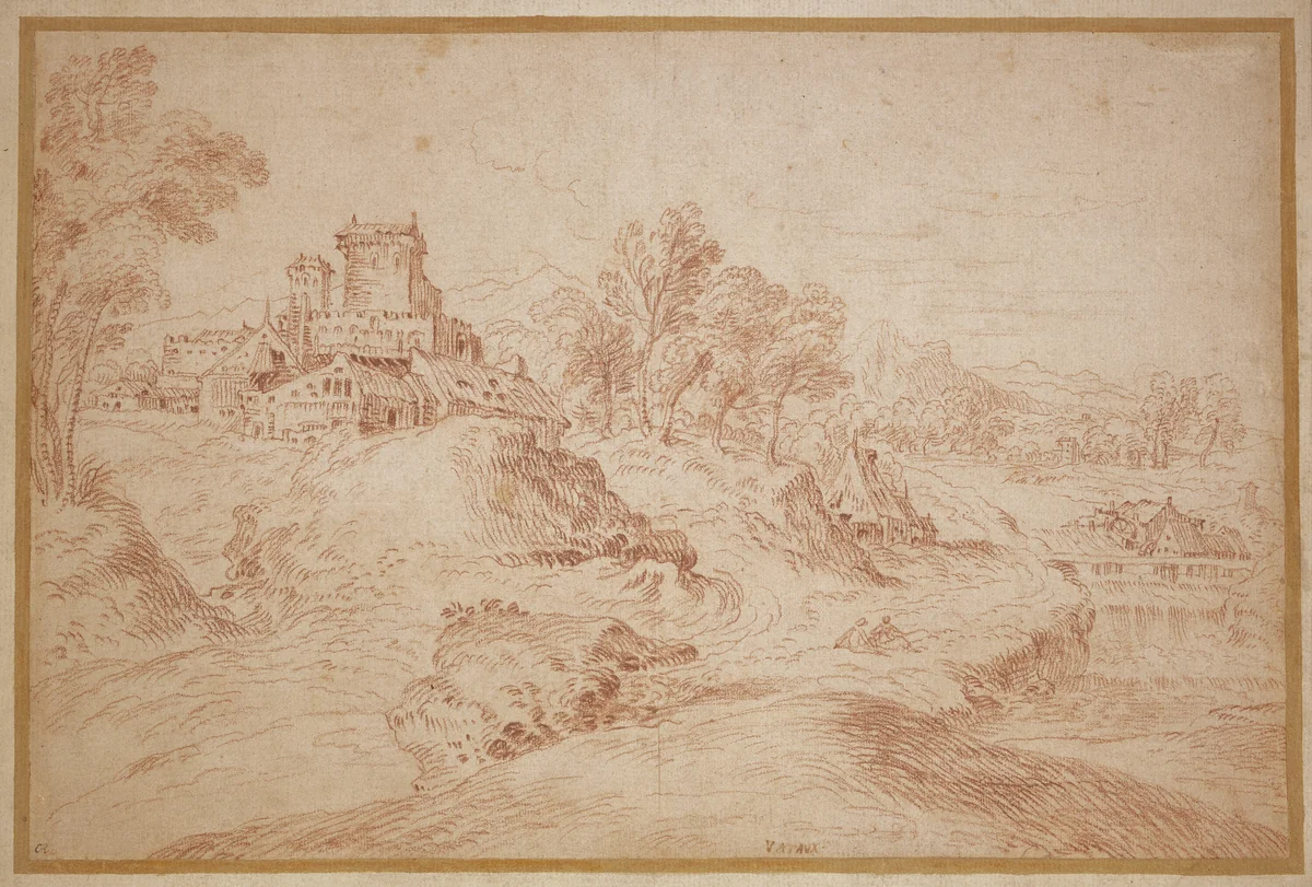 Landscape with a Castle by Jean-Antoine Watteau, drawing, 1716-1718