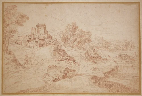 Landscape with a Castle by Jean-Antoine Watteau, drawing, 1716-1718