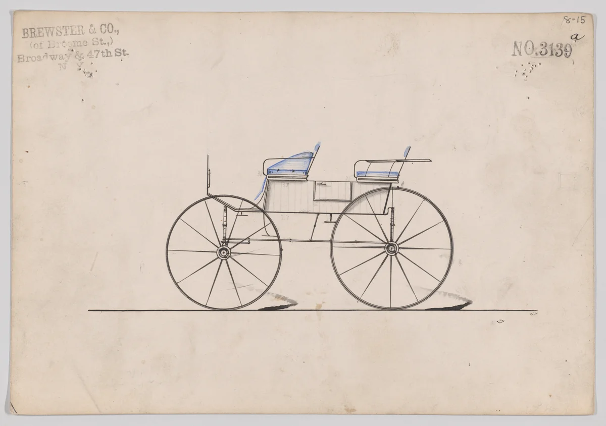 Design for 4 seat Phaeton, no top, no. 3139a by Brewster & Co., drawing, 1875