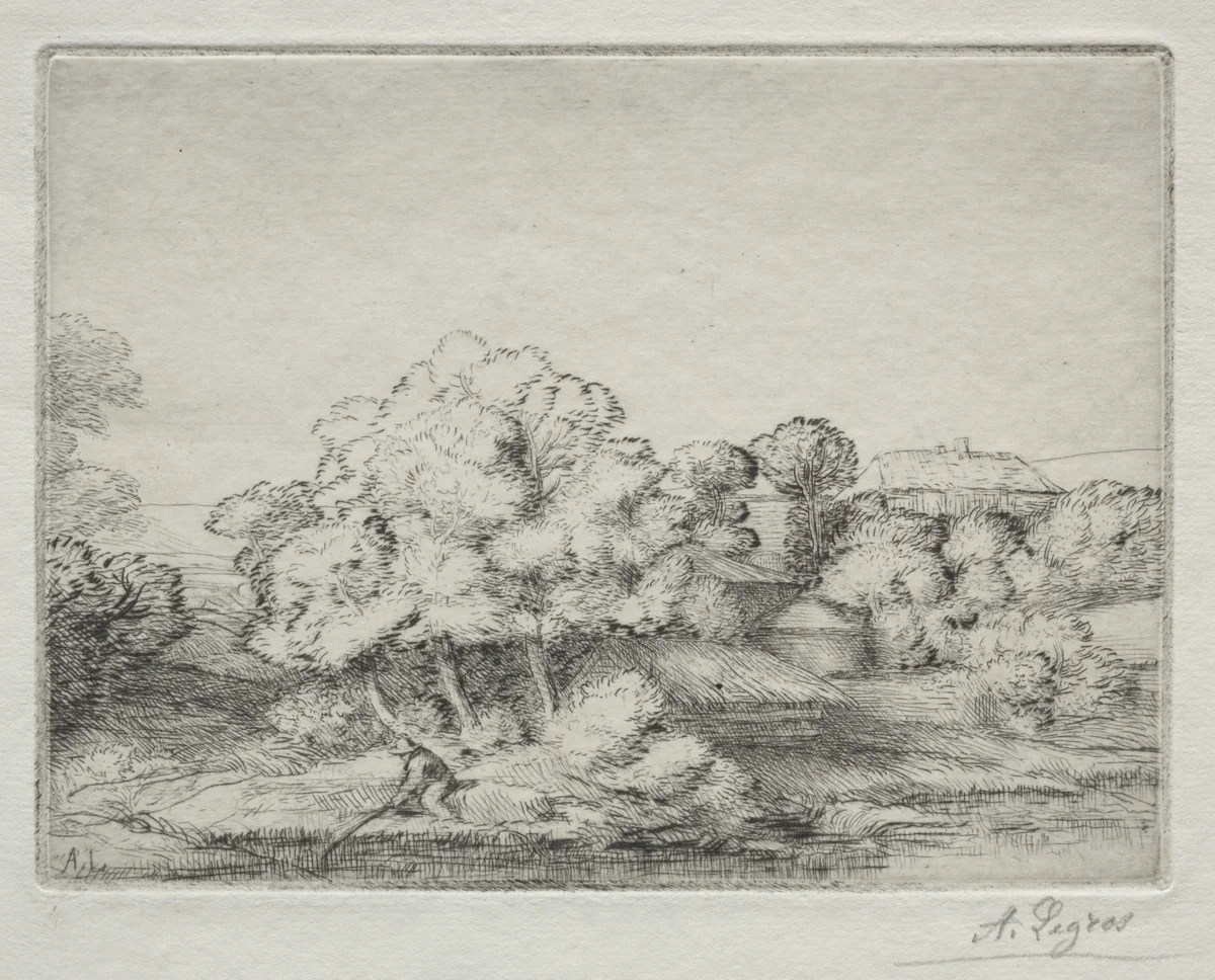 Hamlet near the Lake (Hameau près du Lac) by Alphonse Legros, print, 1857-1911