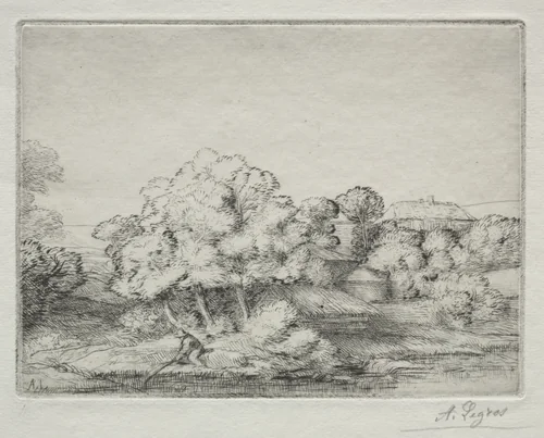 Hamlet near the Lake (Hameau près du Lac) by Alphonse Legros, print, 1857-1911