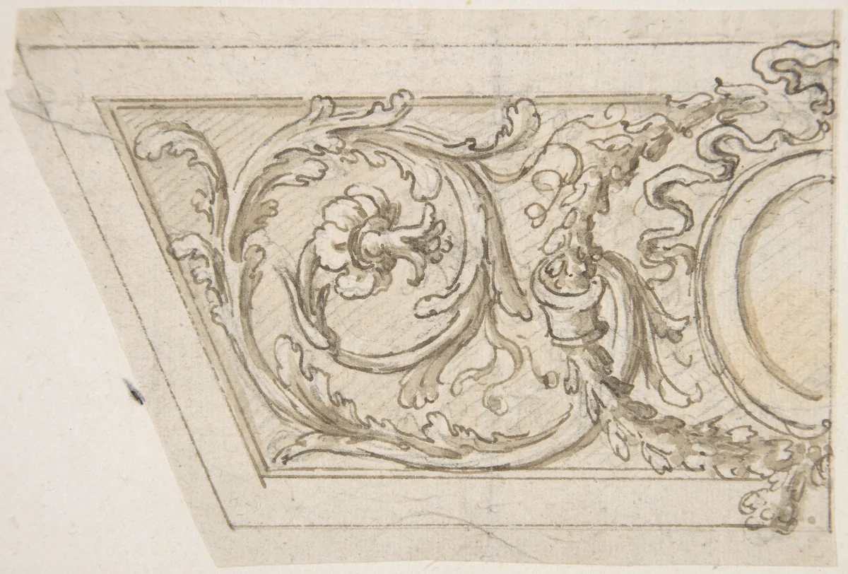 Left Side of a Panel Decorated with Acanthus Scrolls and an Oval Medallion by Giovanni Battista Foggini, drawing, 1652-1725