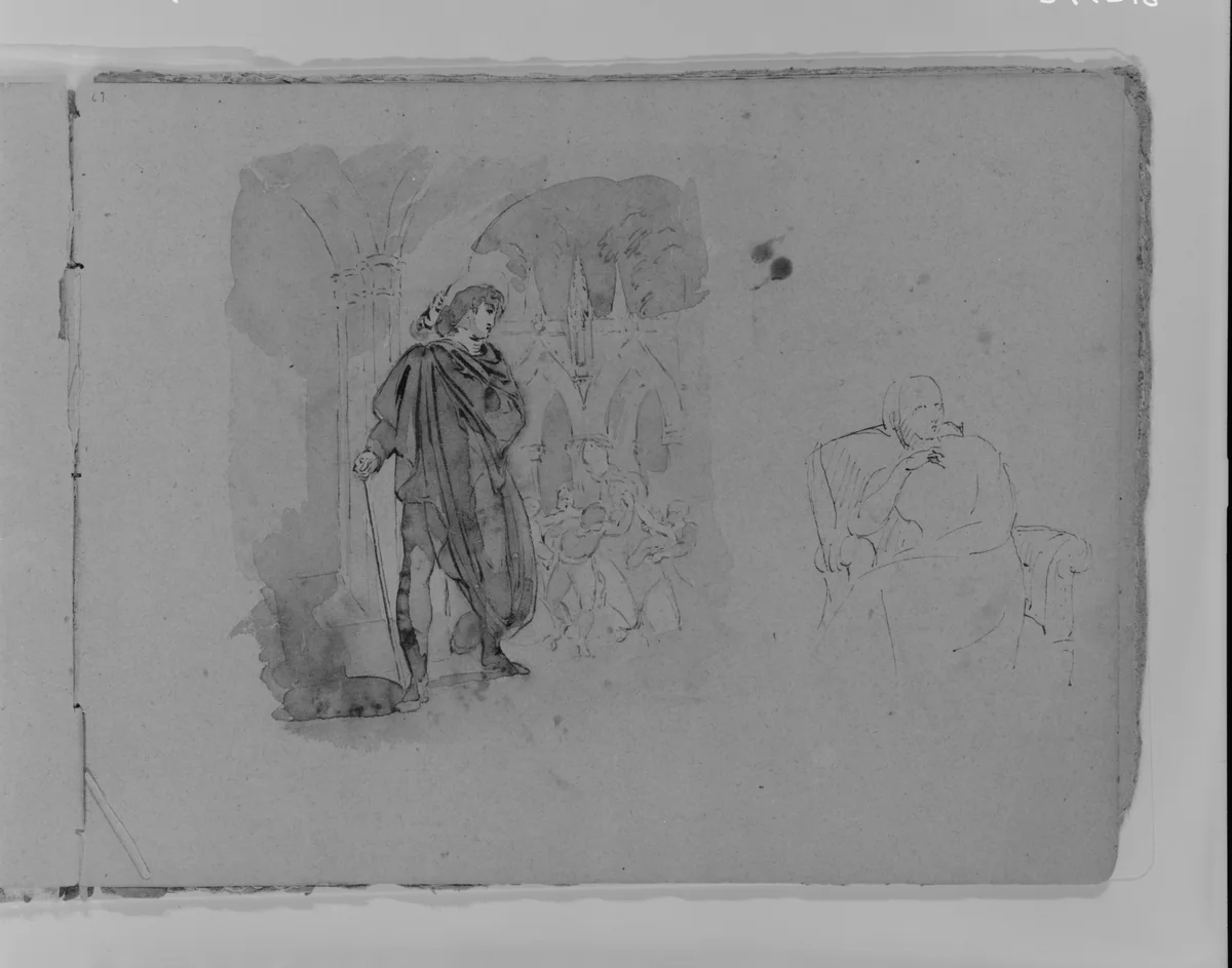 Man in Cape with Staff Watching Melee; Seated Woman (from Sketchbook) by Thomas Sully, artwork, 1810-1820