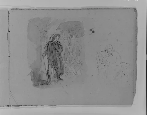 Man in Cape with Staff Watching Melee; Seated Woman (from Sketchbook) by Thomas Sully, artwork, 1810-1820