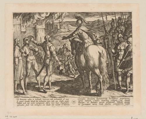 Romeinen brandschatten het land maar beloven vrede, 69-70 by Antonio Tempesta, print, 1612