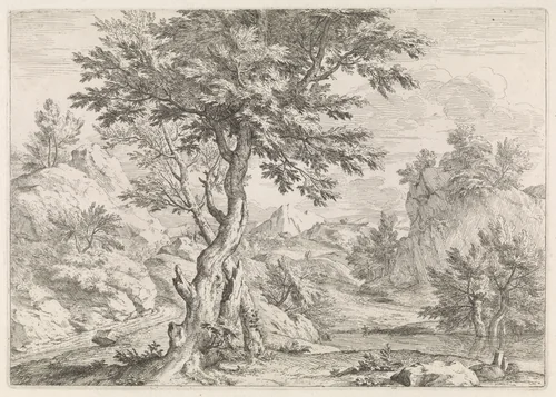 Heuvelachtig landschap met rotsen by Abraham Genoels, print, 1650-1723